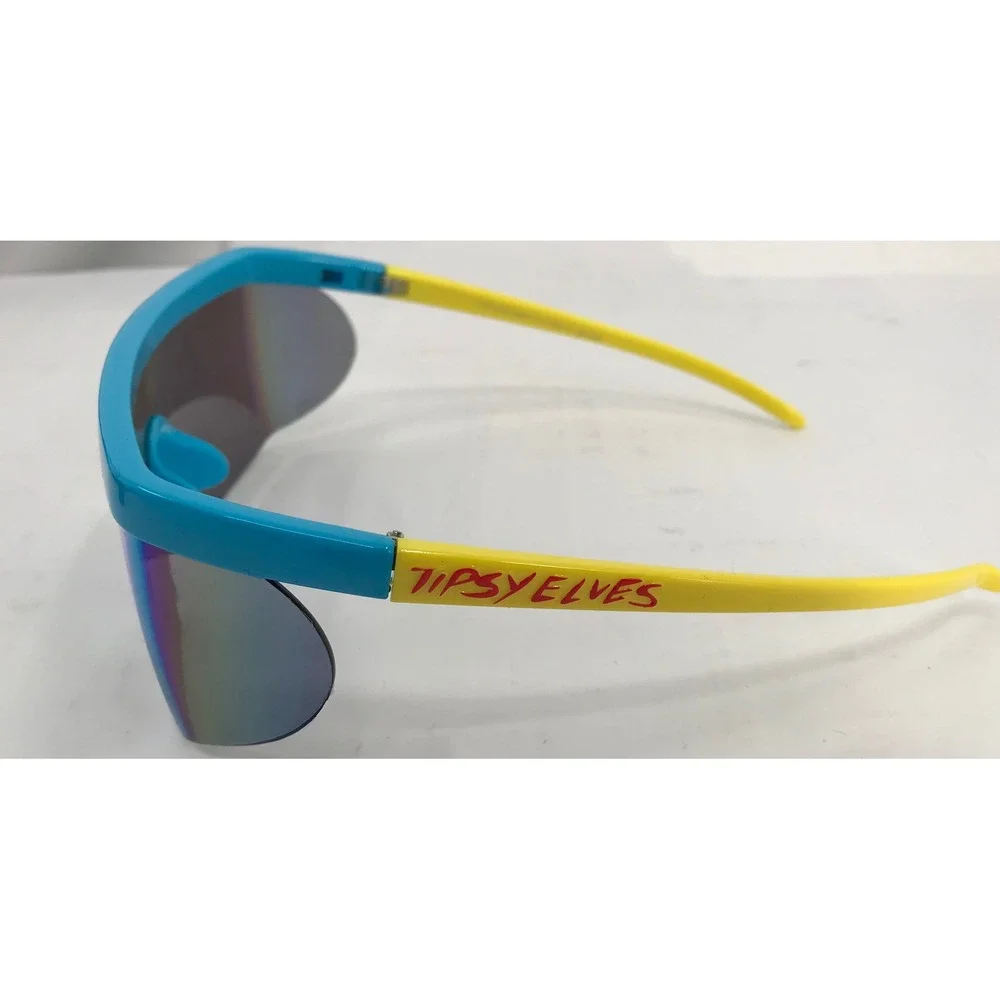 Tipsy Elves Retro Shield Sunglasses Blue‎ Yellow UV400 Performance Eyewear Case